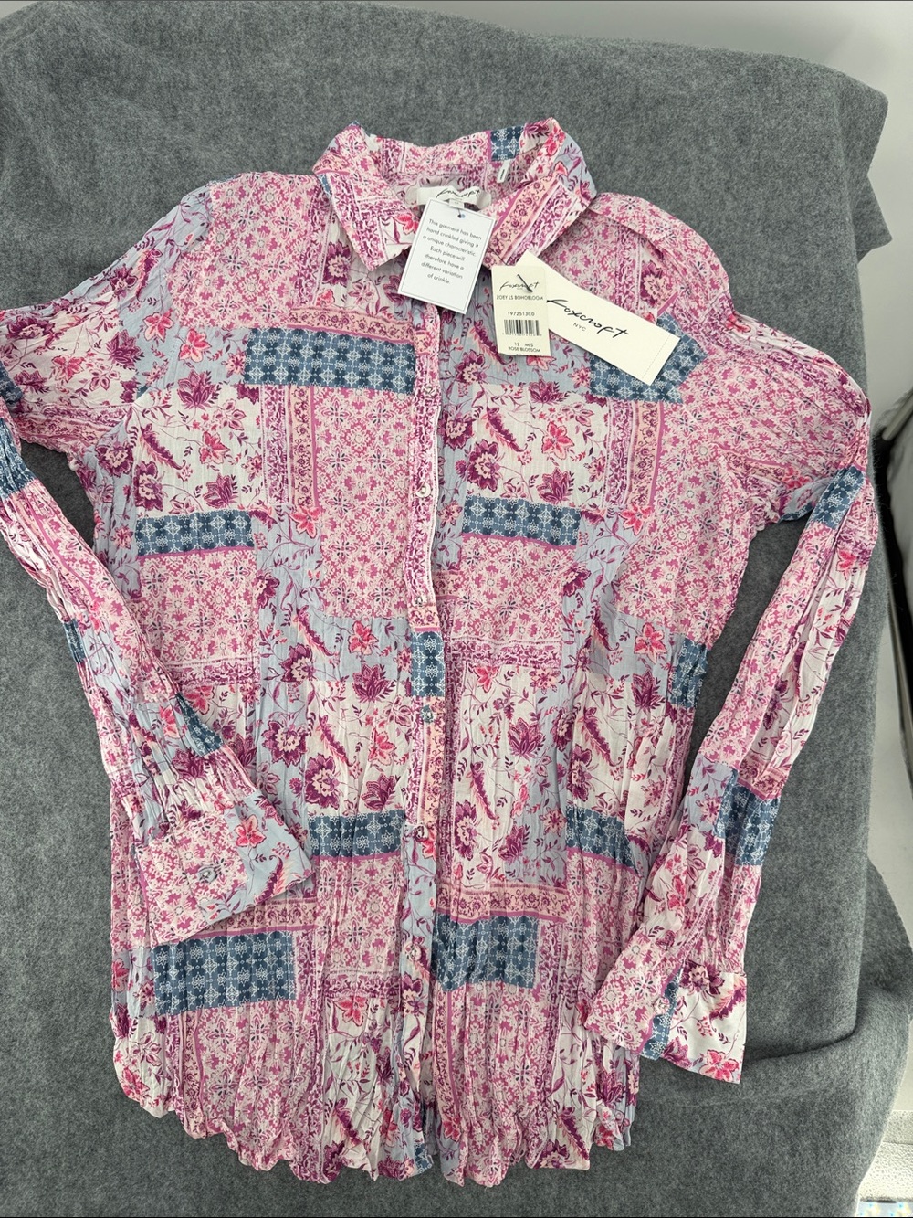 Foxcroft Zoey boho crinkle twist long sleeve button down collard shirt NWT